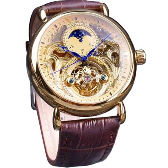 Luxury Men's Watch with Moon Phase & Tourbillon Retro Skeleton Hollow